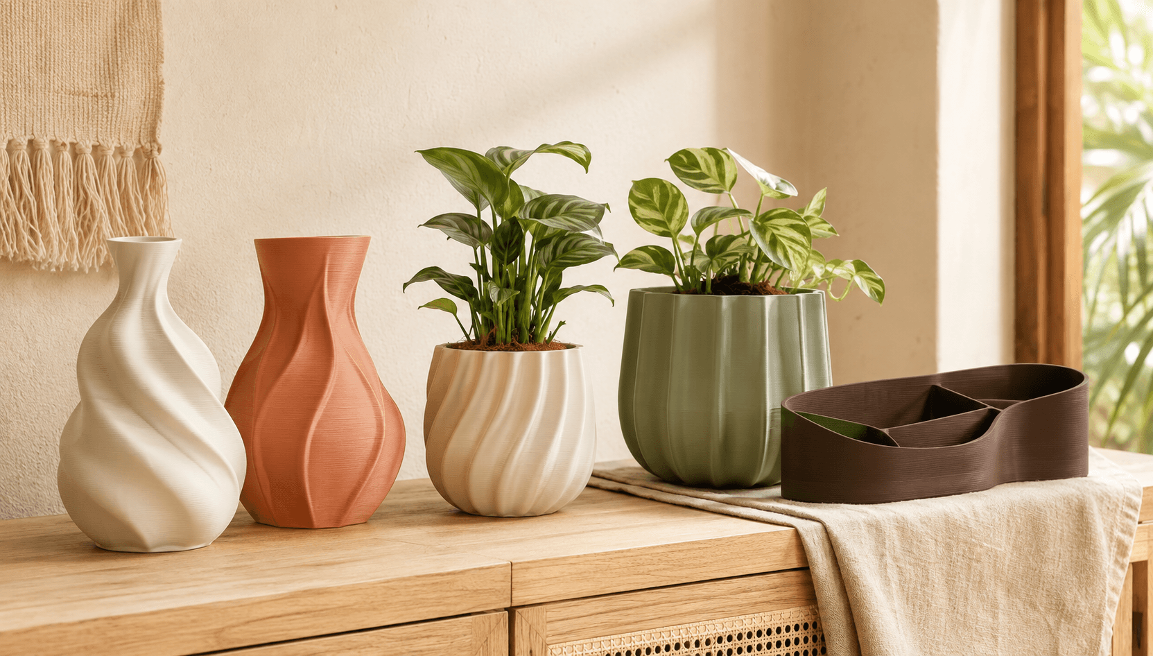 Floreros, materas y organizador impresos en 3D ambientados en un hogar